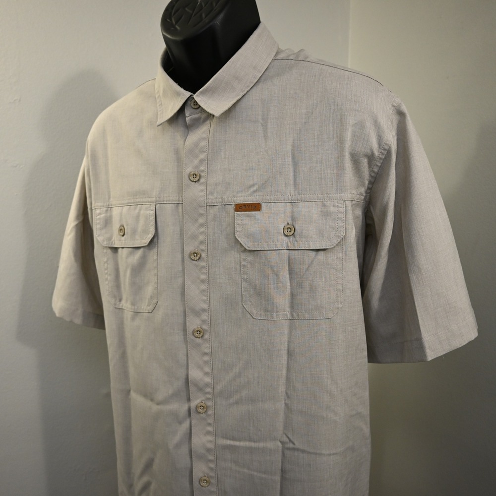 Orvis Button Up Men XXL Beige Short Sleeve Dual‎ Pocket Outdoor Shirt Hiking